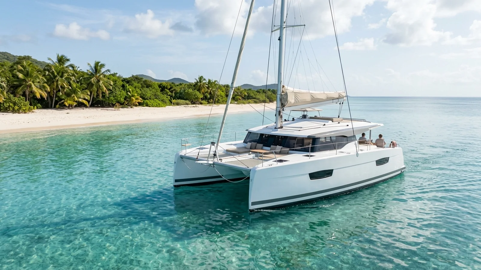 Catamaran anchored in turquoise Caribbean waters