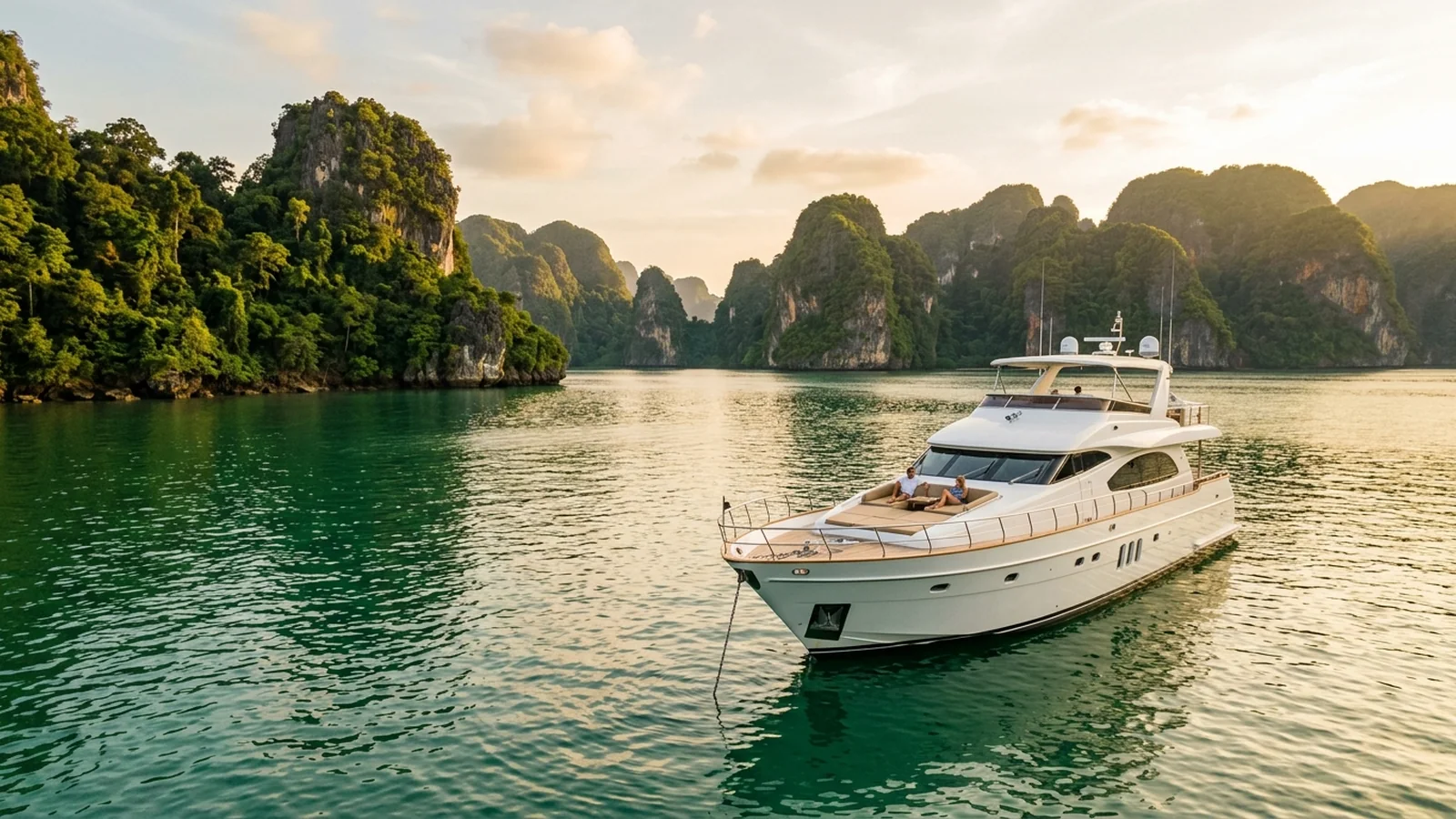 Yacht cruising between tropical islands in Southeast Asia