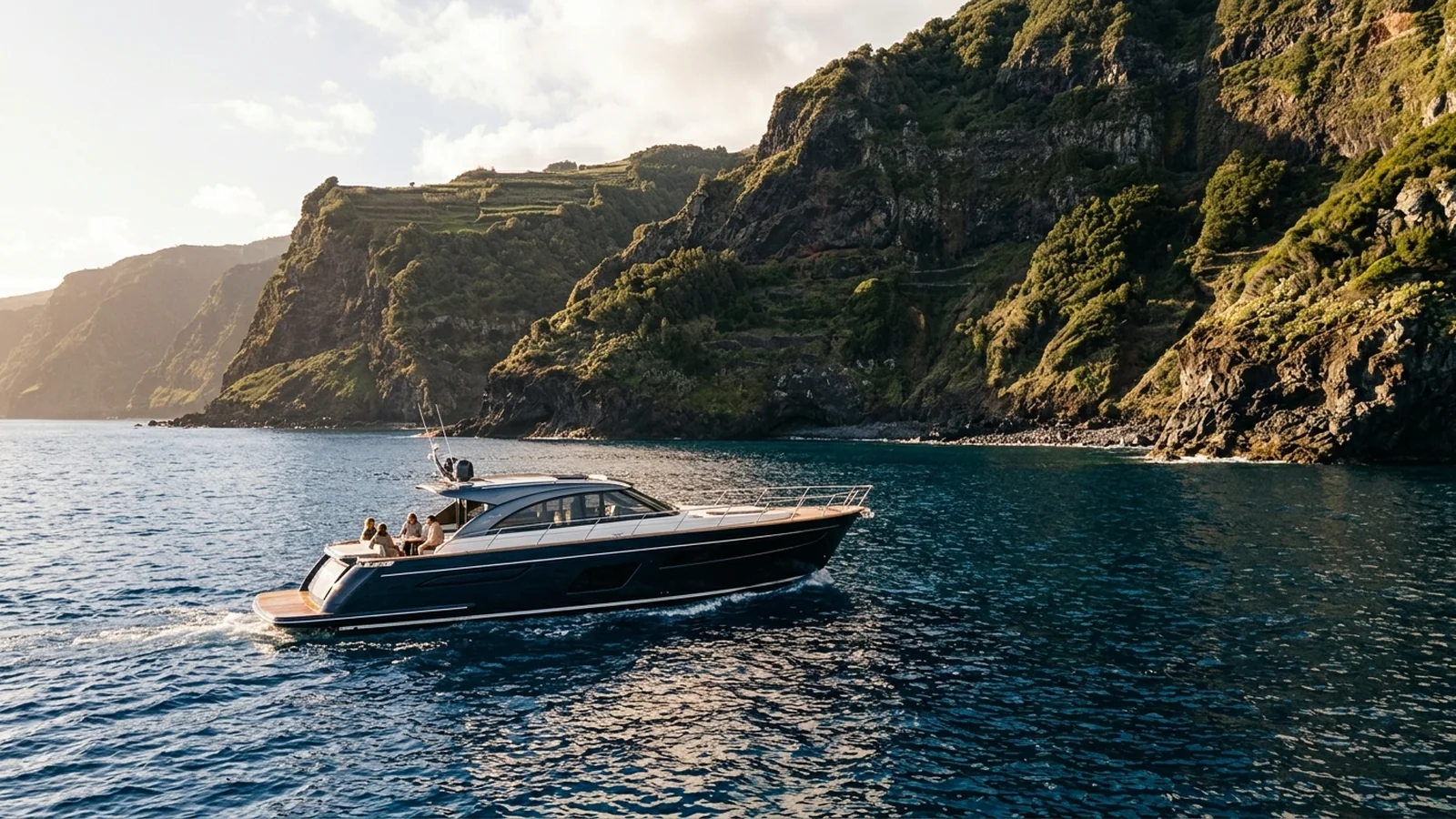 Boat alongside a volcanic Atlantic coastline